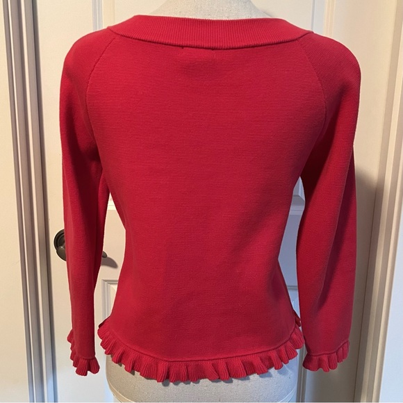J Crew Classic Lady Cardigan Katie in Strawberry Red double breasted ruffles - Picture 2 of 4
